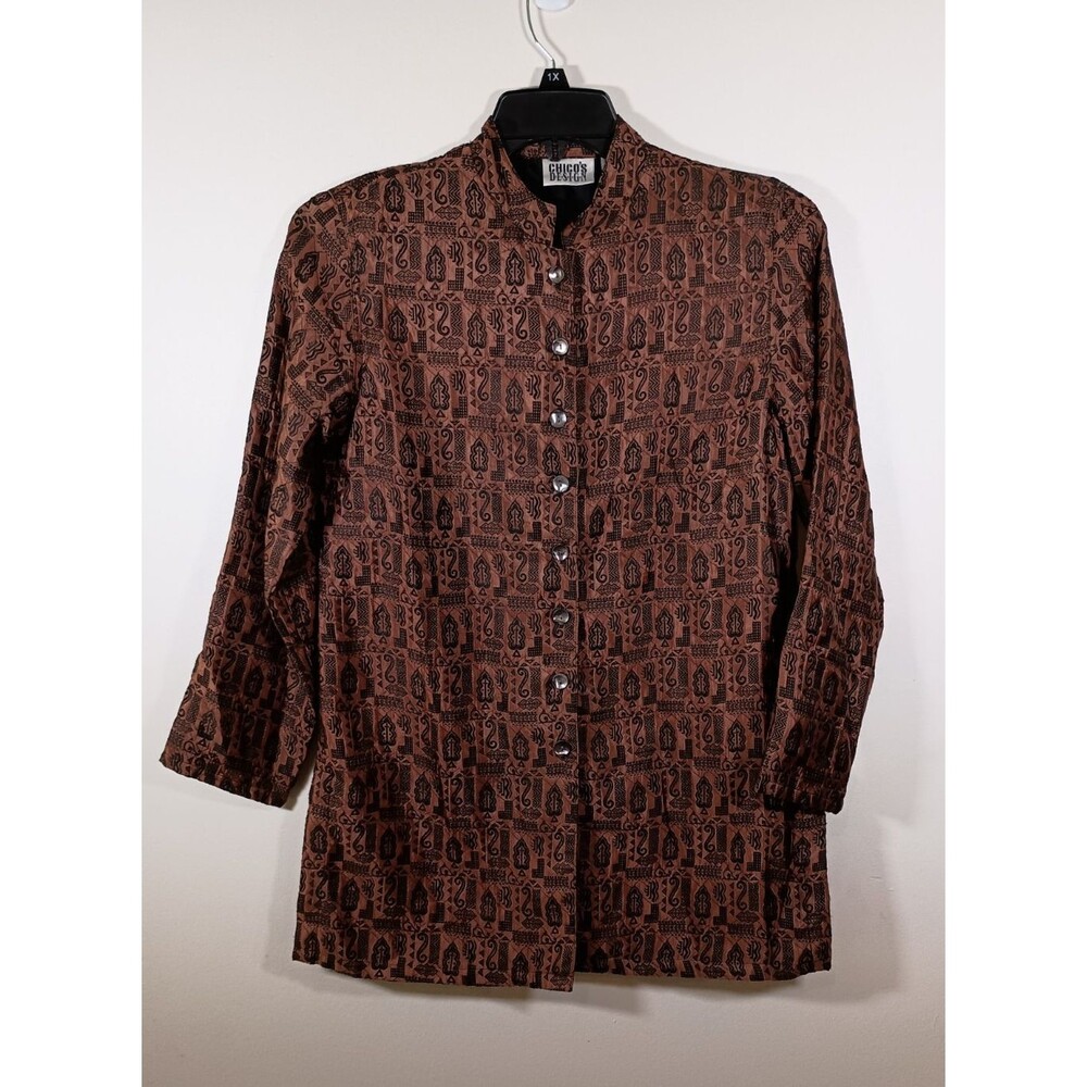 Vintage Chico's Design Silk Rayon Brown Jacket Asian Nehru Button Tunic Size 0